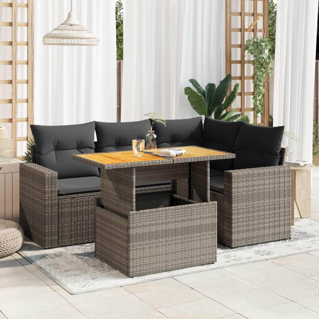 Rattan finish - 5 Piece Garden Sofa Set with Cushions Black Poly Rattan - Sleek - photo 12