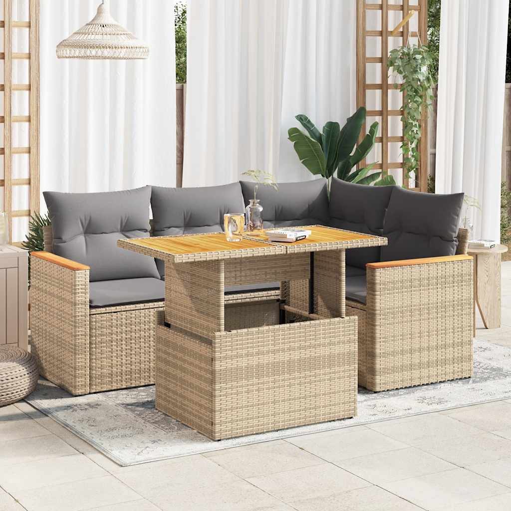 5 Piece Garden Sofa Set with Cushions Black Poly Rattan - Sleek, Rattan finish - photo 16