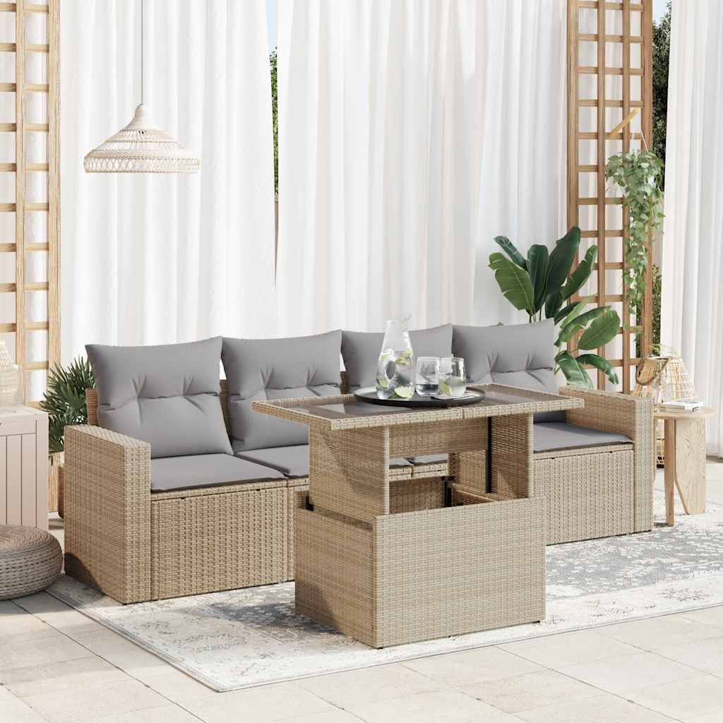 5 Piece Garden Sofa Set with Cushions Grey Poly Rattan Acacia with Grey colour