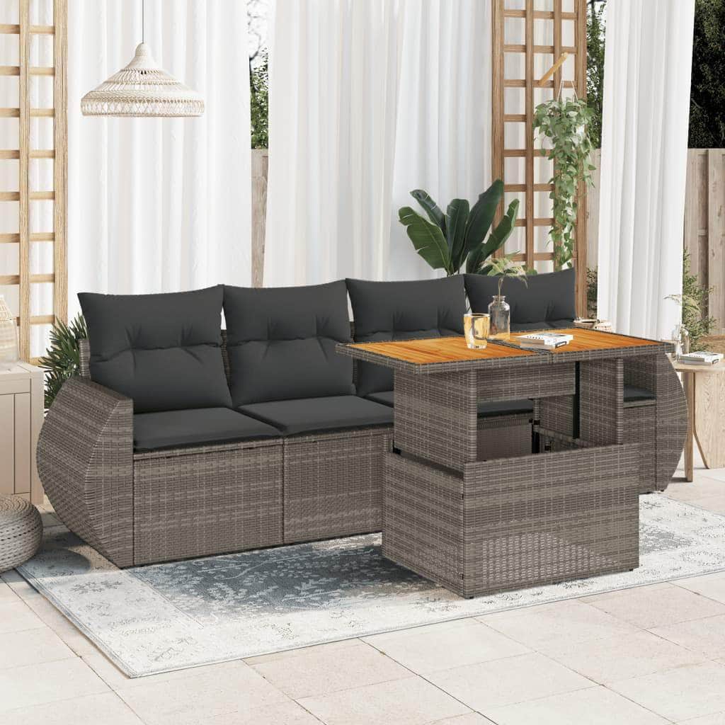 5 Piece Garden Sofa Set with Cushions Grey Poly Rattan - Stylish & Durable with Grey colour