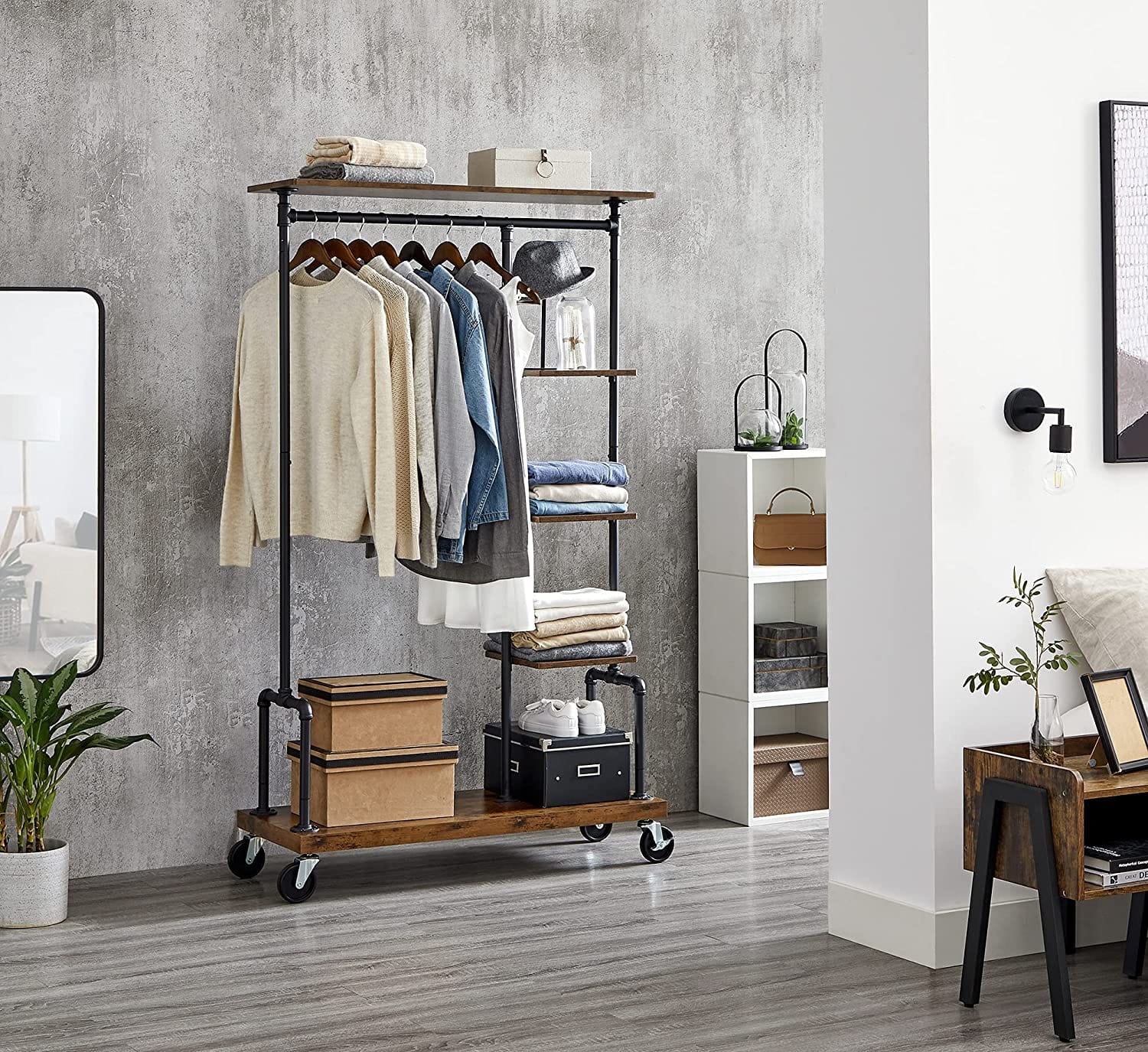 Clothing Garment Rack On Wheels With 5-Tier, Industrial Pipe Style, Rustic Brown | Clothing & Wardrobe Stora - photo 13