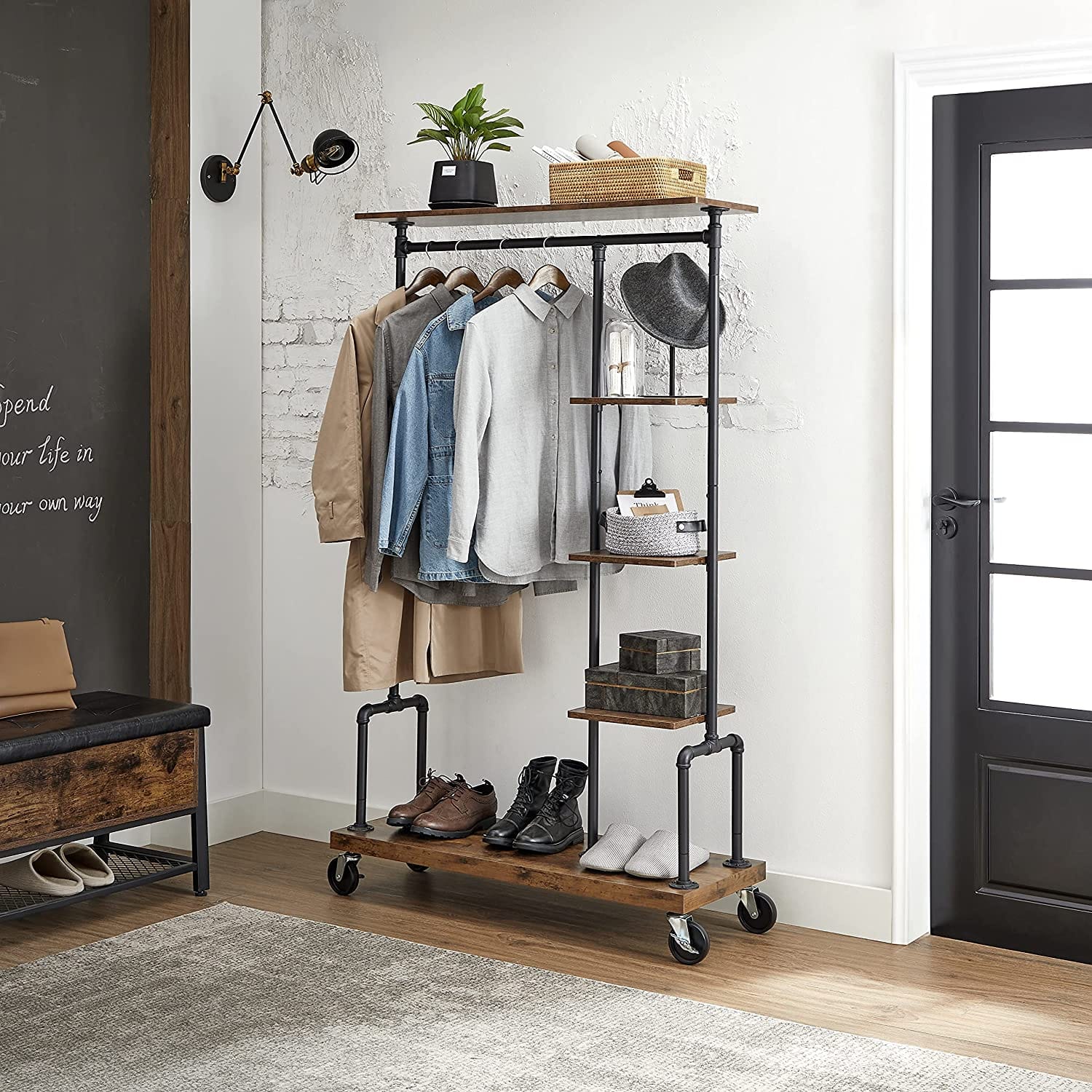Brown colour - Clothing Garment Rack On Wheels With 5-Tier, Industrial Pipe Style, Rustic Brown - photo 12
