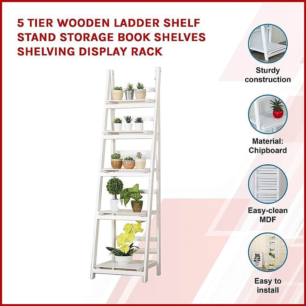 5 Tier Wooden Ladder Shelf Stand Storage Book Shelves Shelving