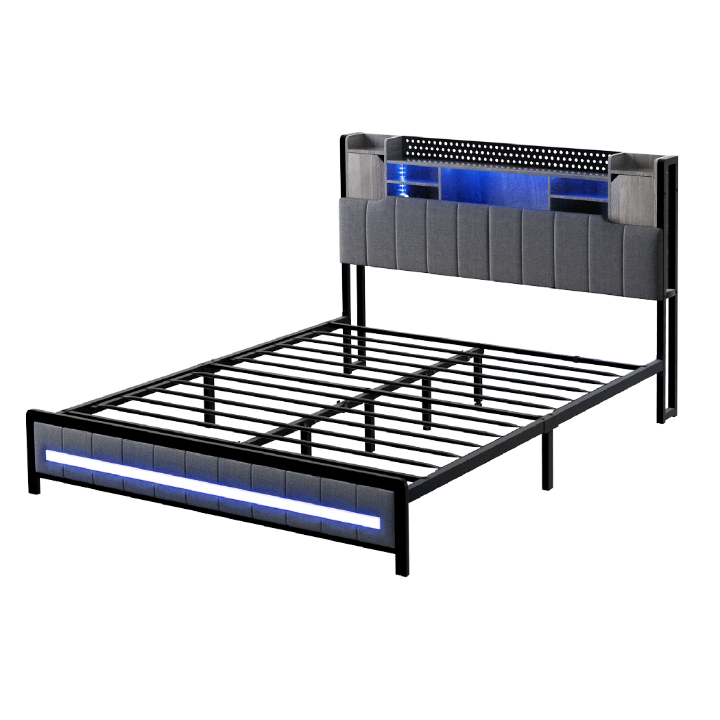 Queen Bed Frame With Storage Headboard And RGB LED Lighting, id13&14