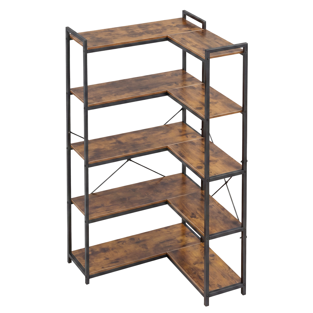 5 Tier Corner Bookshelf L-Shape Storage Brown | Simpledeals