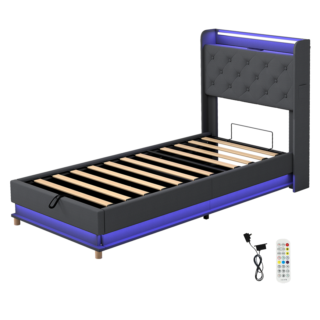 Single Bed Frame With Gas Lift Storage And LED Light USB Charging