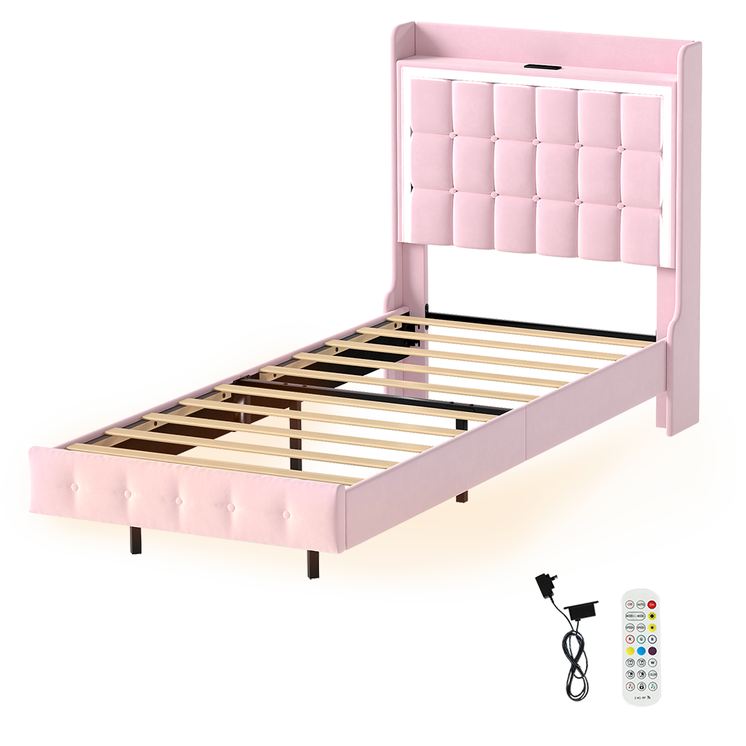 Floating Bed Frame LED Headboard Pink 204x92x112.5cm