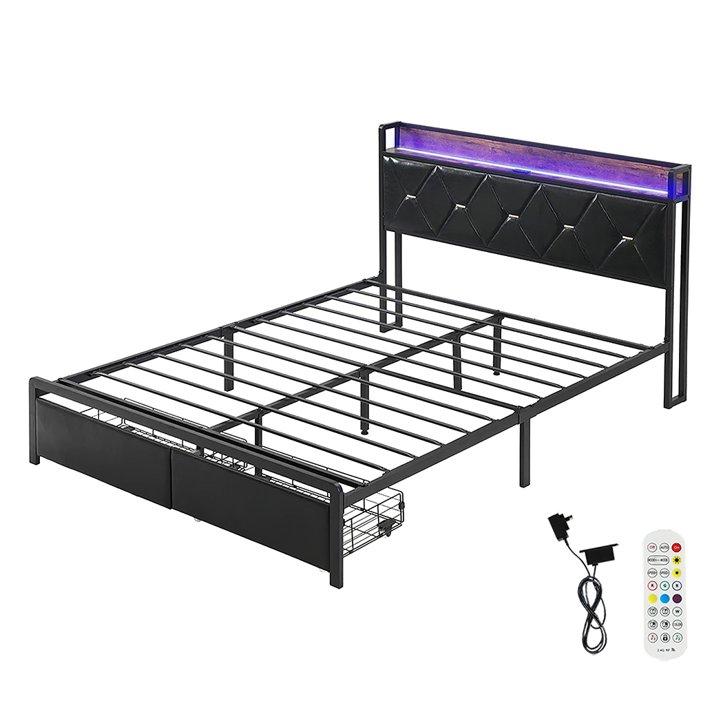 Queen Metal Bed Frame With LED Lights And Storage Drawers | id11&12