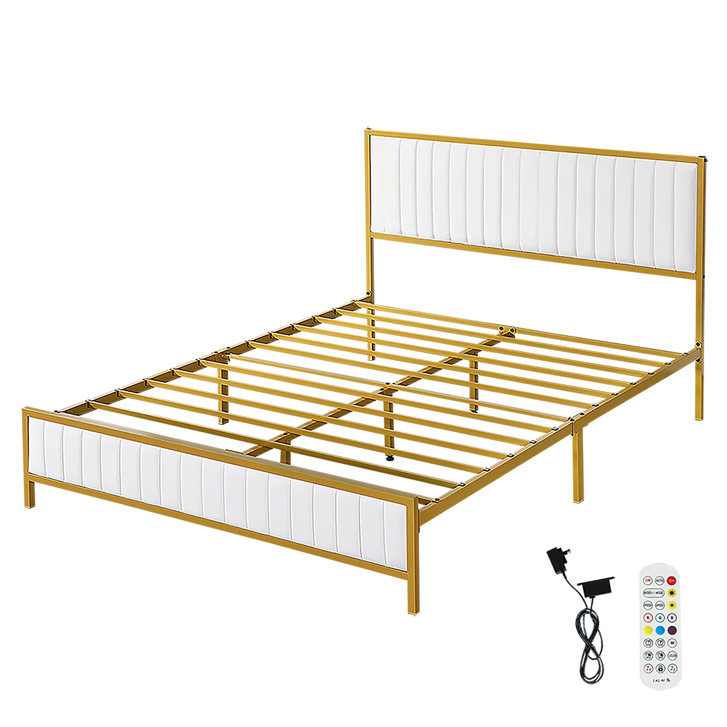 Metal Bed Frame With Under Bed Storage Double Beige Mattress Base