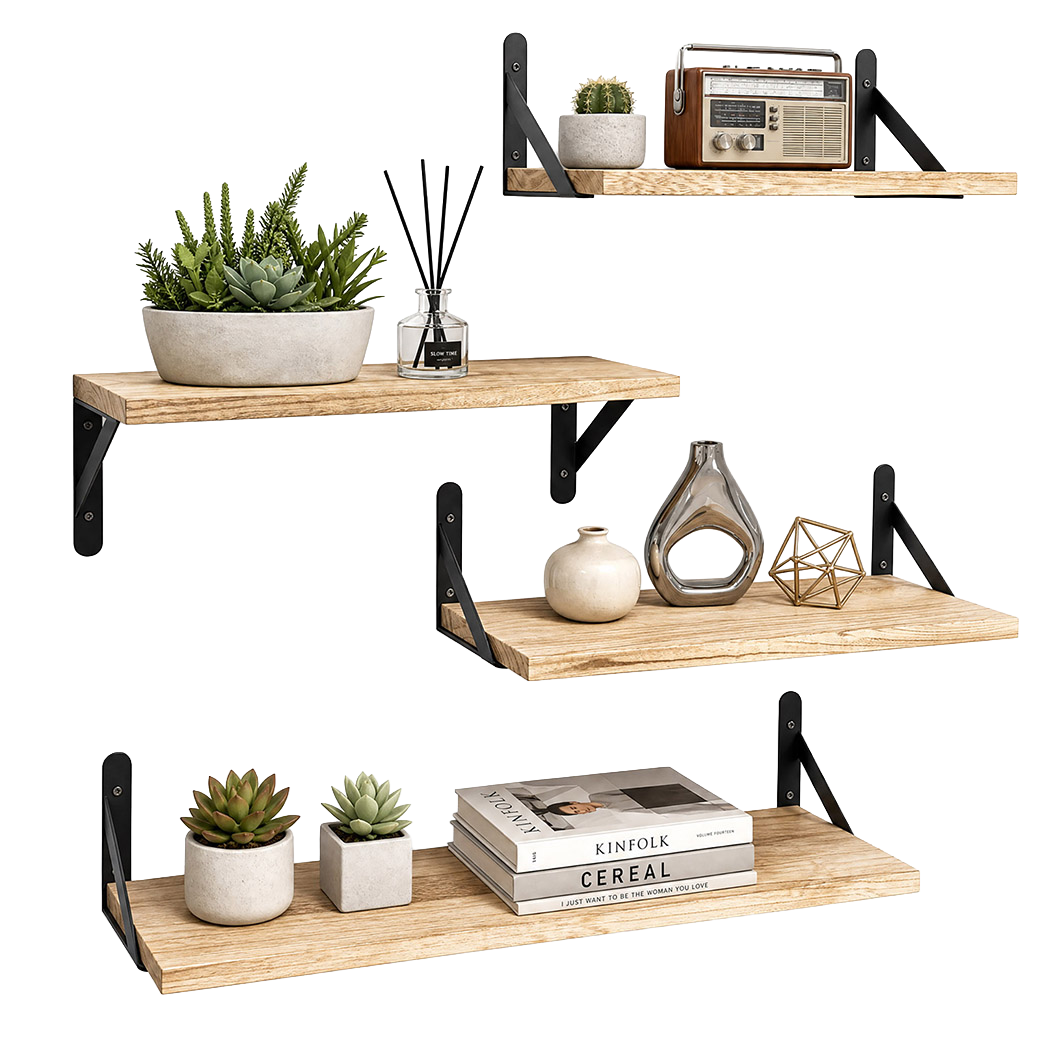 Floating Wall Shelves Rustic Wood 4pc Set | Simpledeals