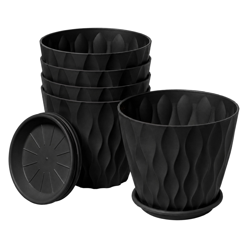 8 Inch Black Planter Pots Set 5 Drainage Saucers | Simpledea