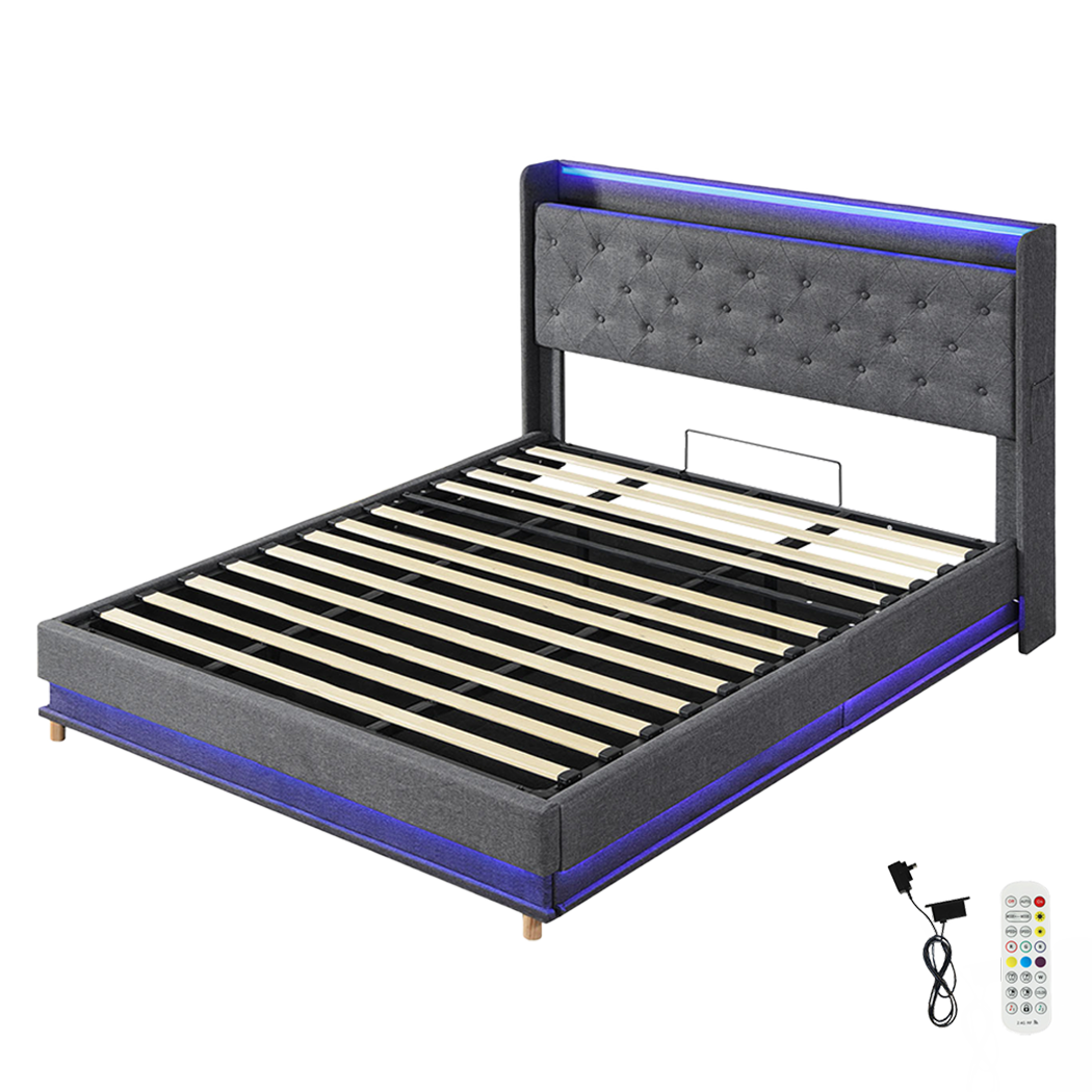 King Bed Frame With Gas Lift Storage And LED Light USB Charging