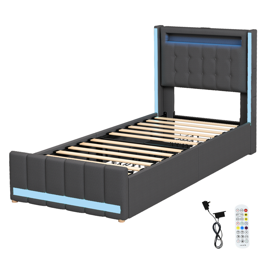 Single Bed Frame With Fabric Storage Drawer And LED USB