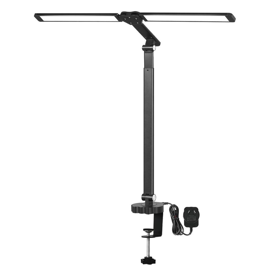 Ergonomic Double Head LED Desk Lamp Dimmable With Clamp  Wood Finish, Double