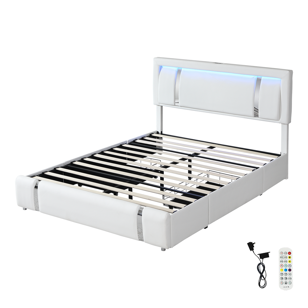 Queen Bed Frame With Adjustable Headboard White Wooden Bedroom Furniture