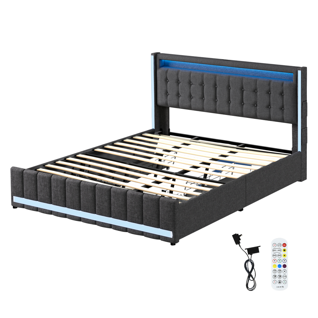 King Bed Frame With Fabric Storage Drawer And LED USB
