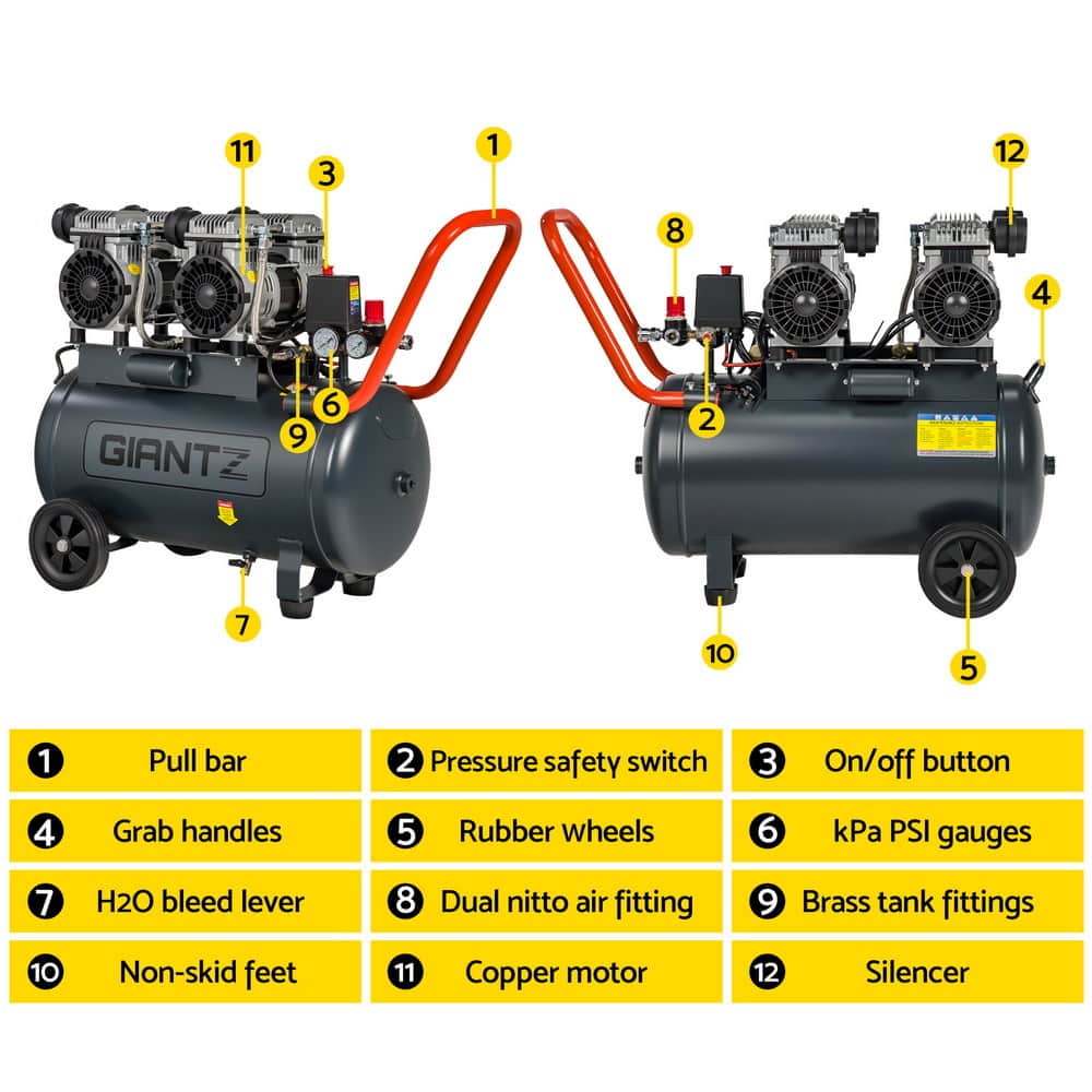 50L Air Compressor Quiet 3.0Hp Oil-Free Portable Tyre Inflator