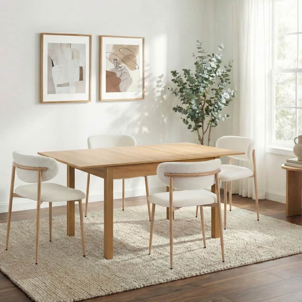 5pc Dining Table and Chairs Set Wooden Bouclé Fabric Natural Finish
