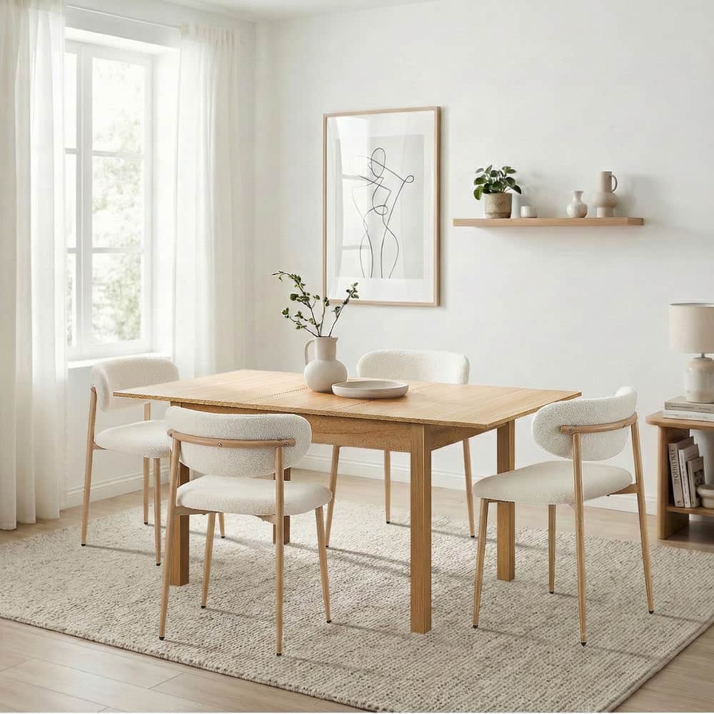 5pc Dining Table and Chairs Set Wooden Bouclé Fabric Natural Finish