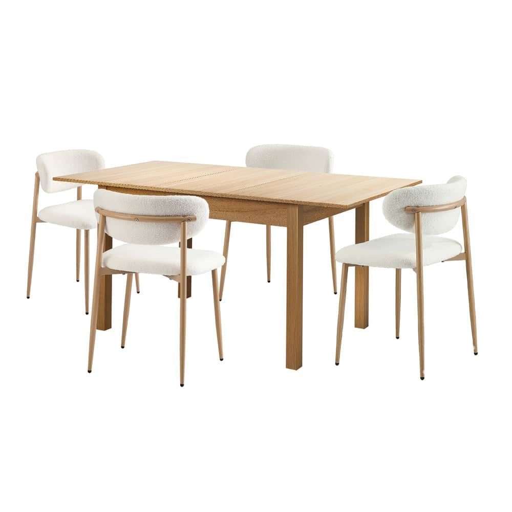 5pc Dining Table and Chairs Set Wooden Bouclé Fabric Natural Finish