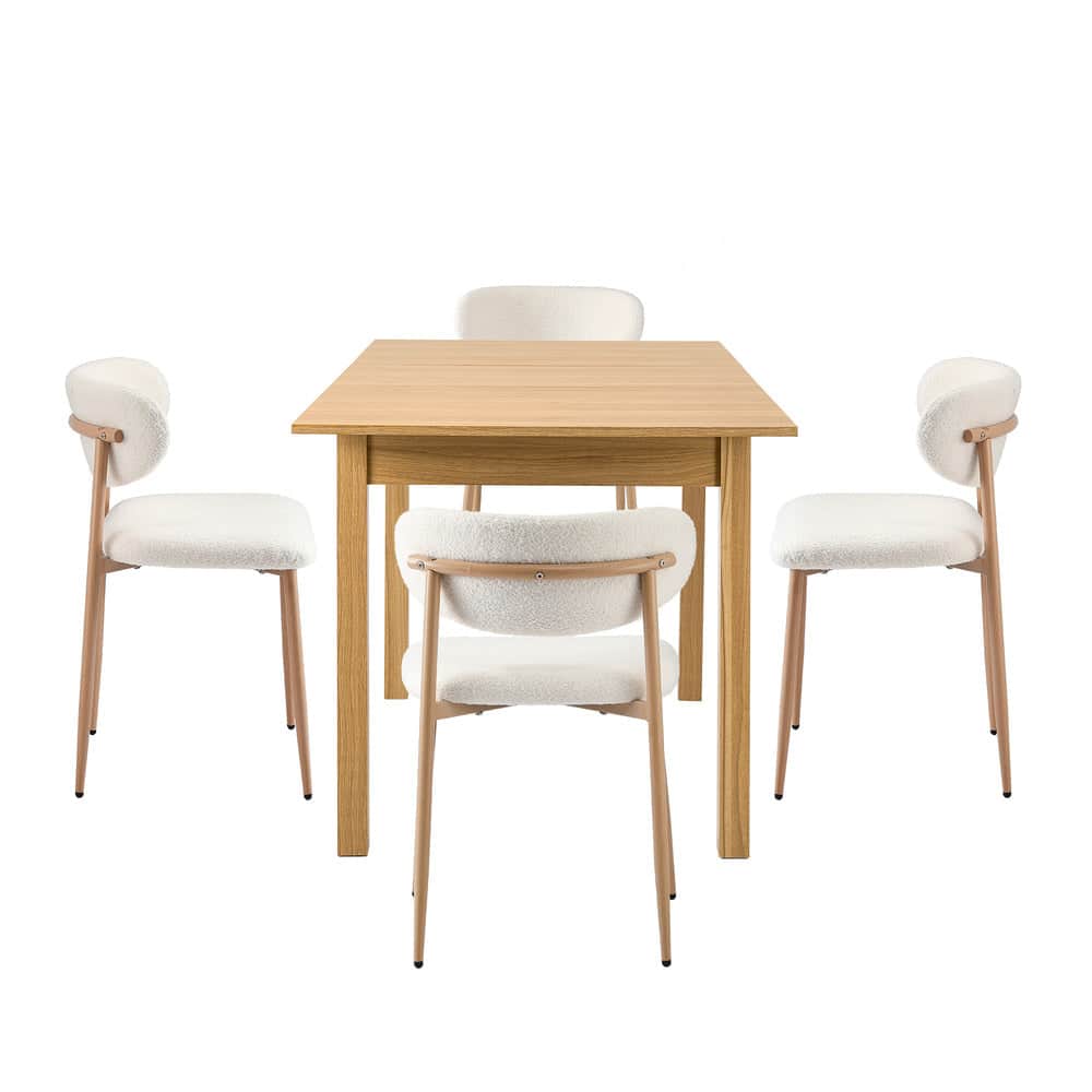 5pc Dining Table and Chairs Set Wooden Bouclé Fabric Natural Finish
