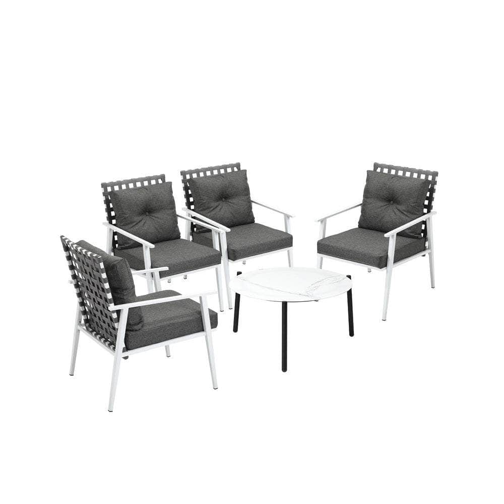 5pc Outdoor Patio Set 70CM Grey Marble Table Rattan Chairs