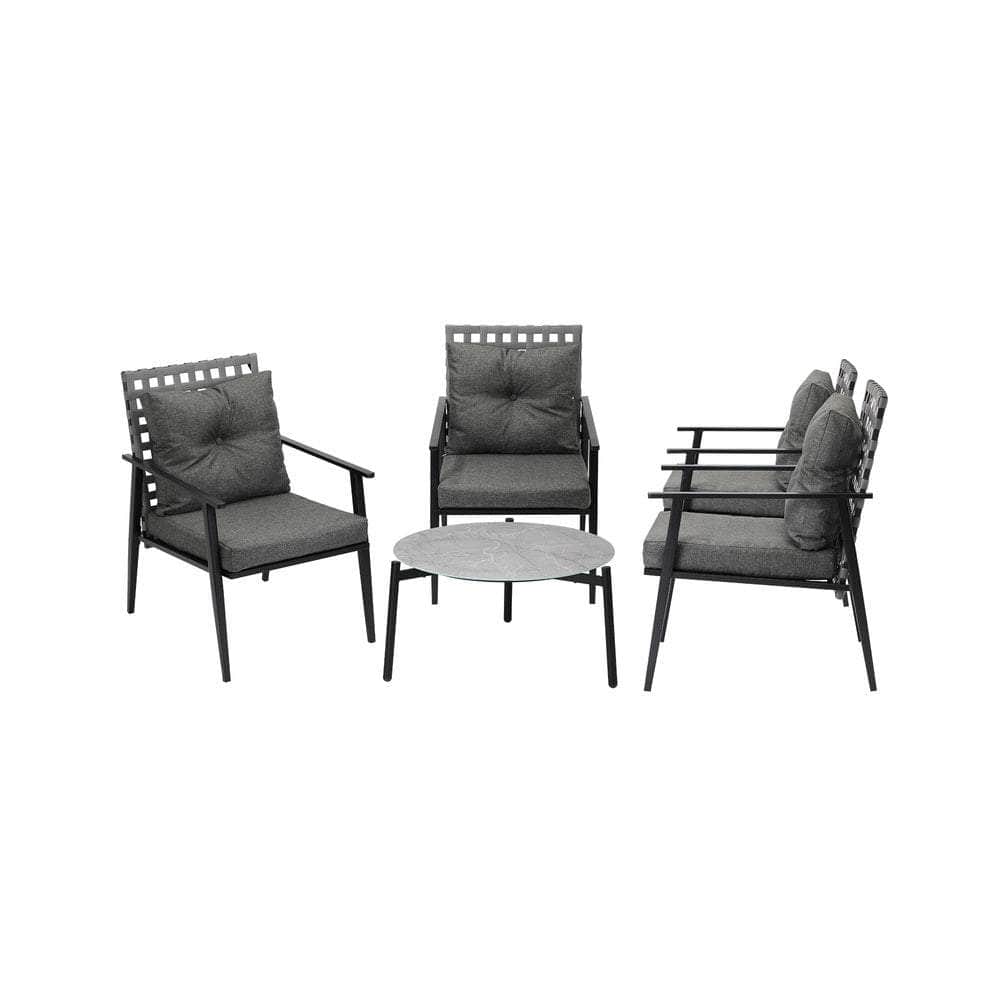 5pc Outdoor Patio Set 70CM Grey Marble Table Rattan Chairs