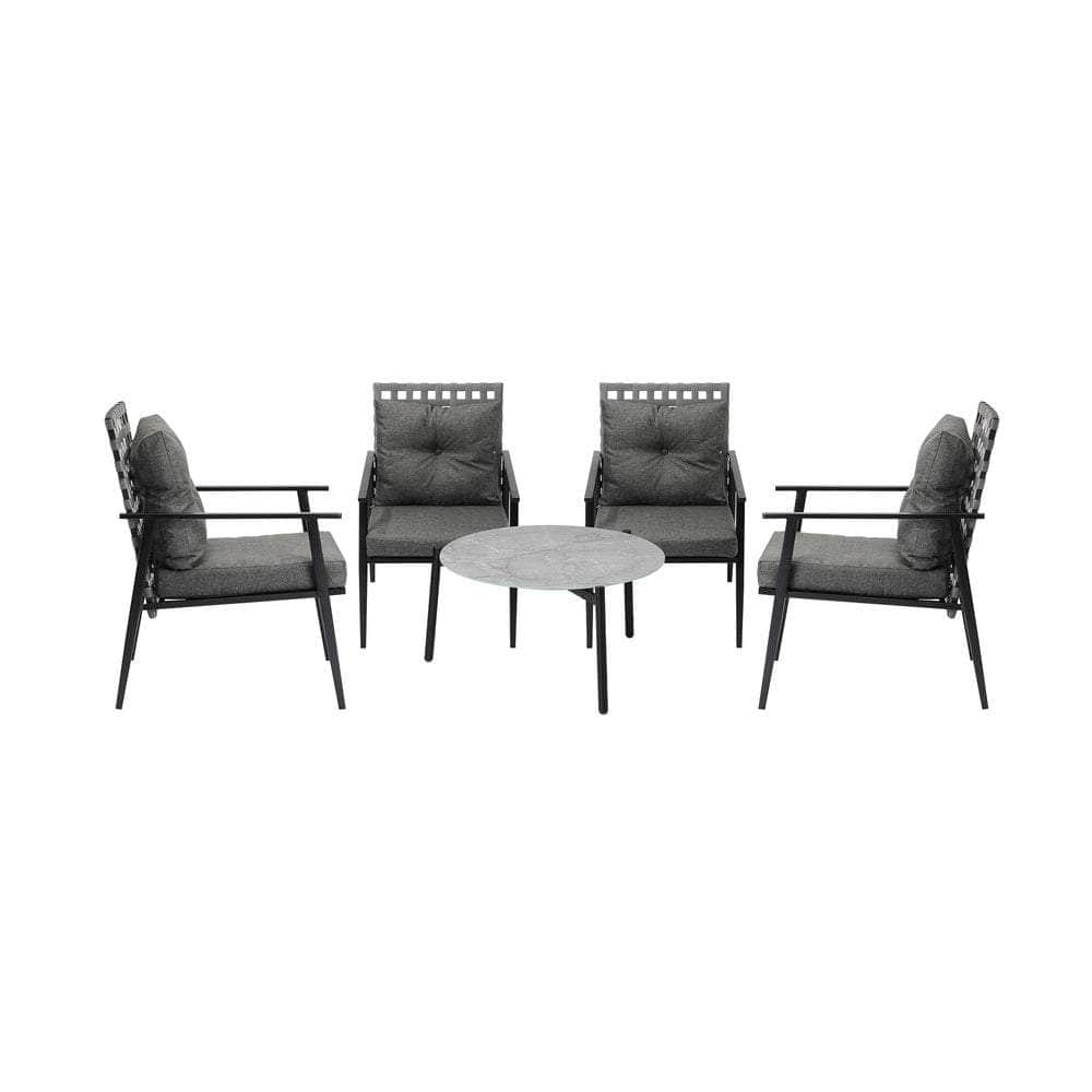 5pc Outdoor Patio Set 70CM Grey Marble Table Rattan Chairs