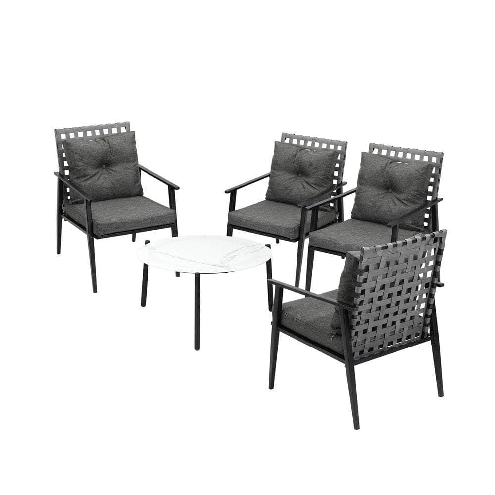 5PC Outdoor Patio Set 70CM White Marble Table with Rattan Chairs Garden