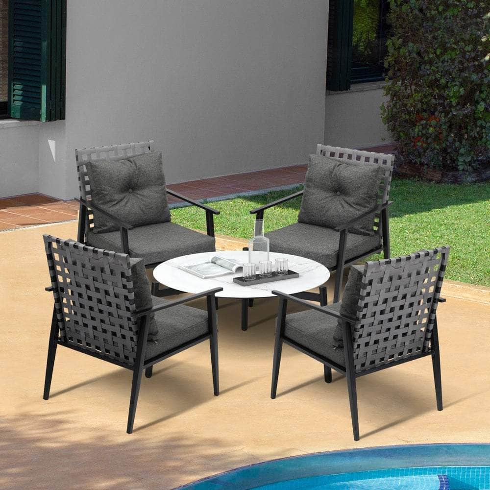 5PC Outdoor Patio Set 70CM White Marble Table with Rattan Chairs Garden