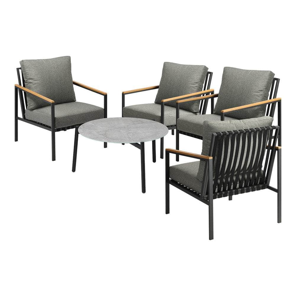 5PC Outdoor Patio Set Grey 70cm Coffee Table with Sofa & Rattan Chairs