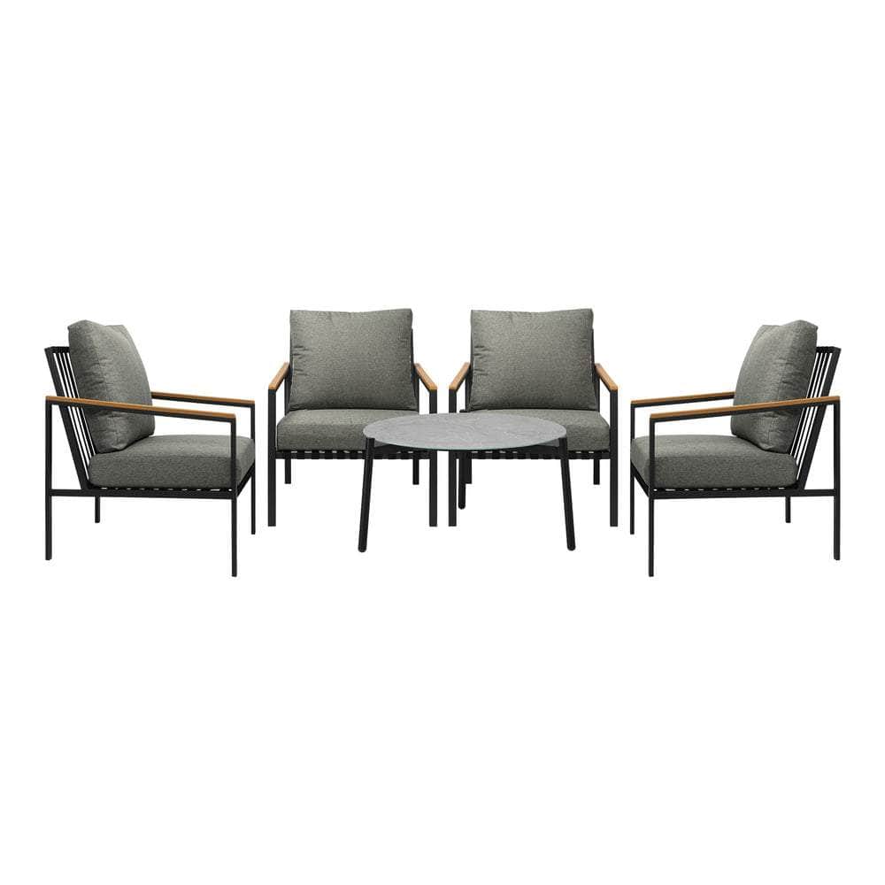5PC Outdoor Patio Set Grey 70cm Coffee Table with Sofa & Rattan Chairs