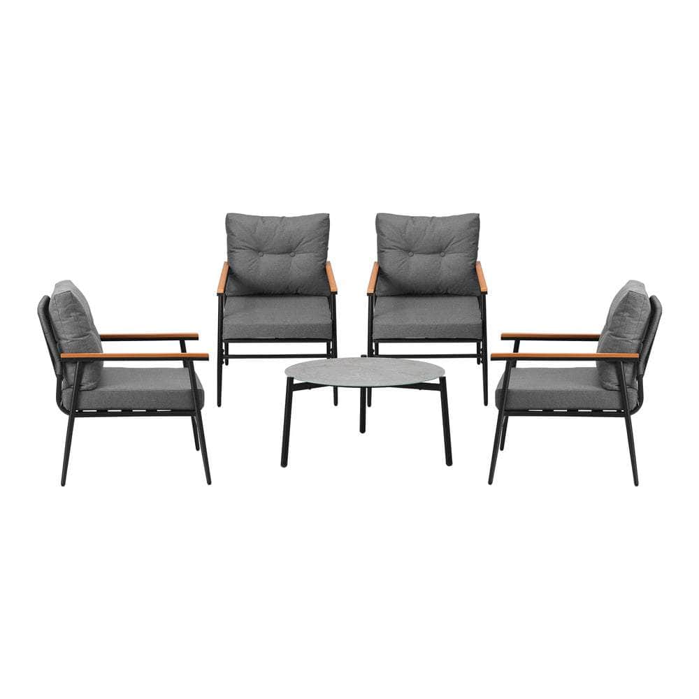 5pc Outdoor Patio Setting 70cm Table White Grey & Black Armchairs