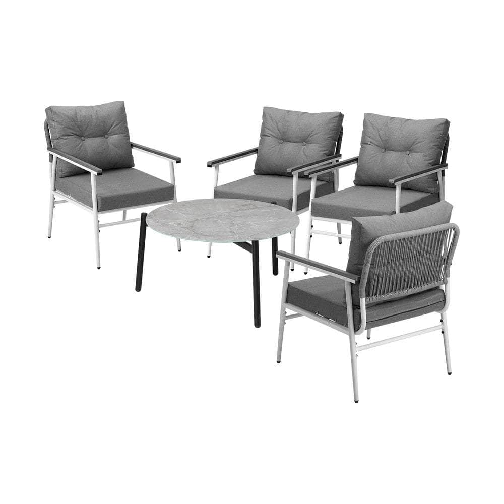5pc Outdoor Patio Setting 70cm Table White Grey & Black Armchairs