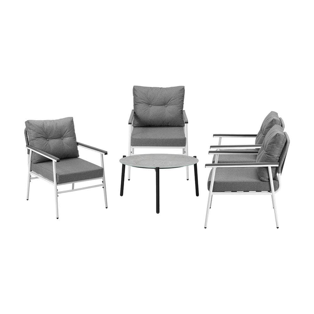 5pc Outdoor Patio Setting 70cm Table White Grey & Black Armchairs