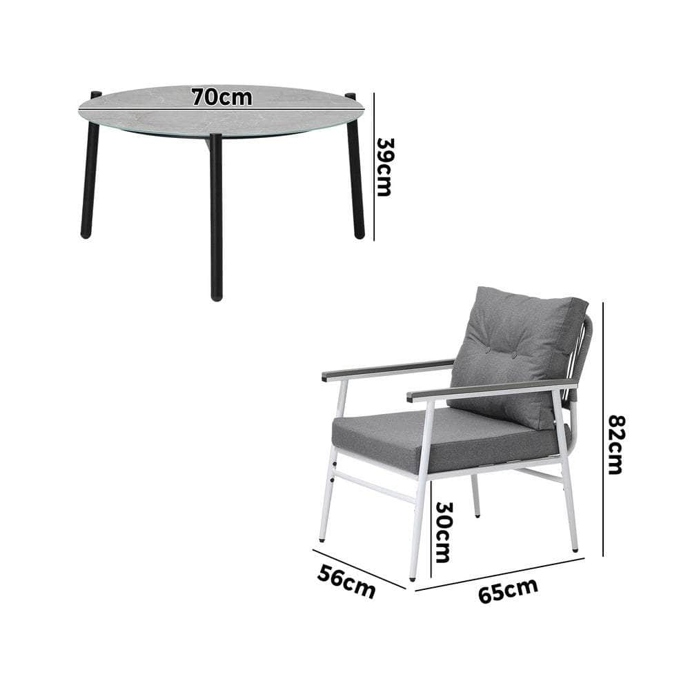 5pc Outdoor Patio Setting 70cm Table White Grey & Black Armchairs