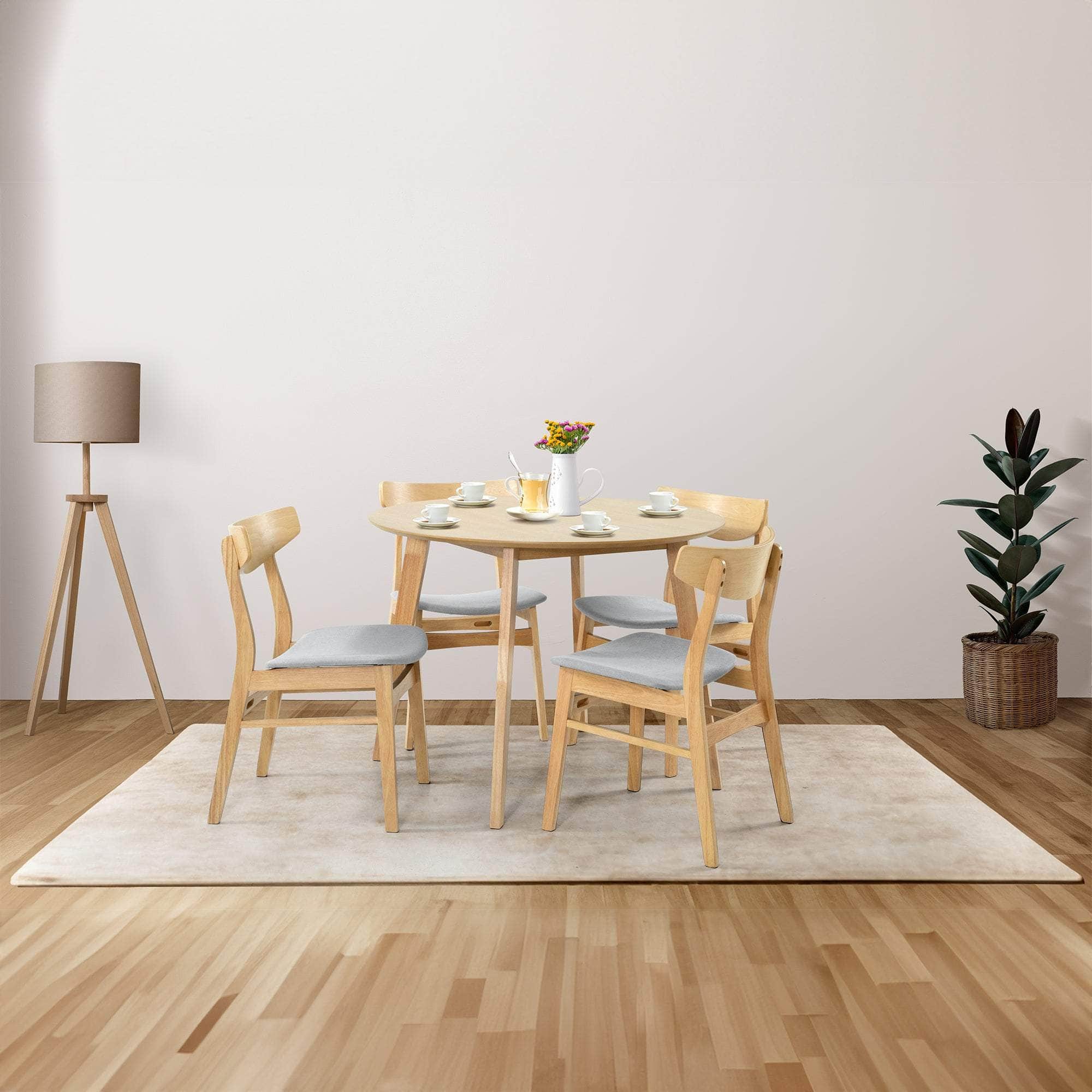 5Pc Set Dining Set 100Cm Round Table 4 Chair Fabric Seat Scandinavian