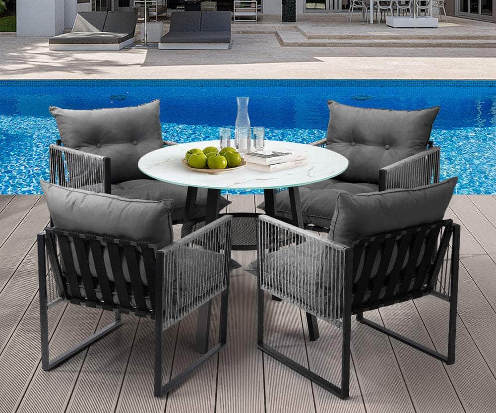 5PCS Outdoor Dining Set Round Table PE Wicker Chairs
