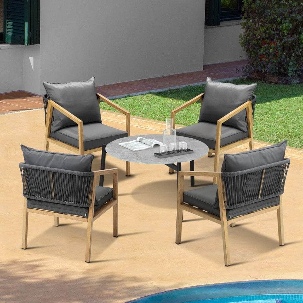 5PCS Outdoor Patio Set 70cm Coffee Table Grey and Natural Chairs