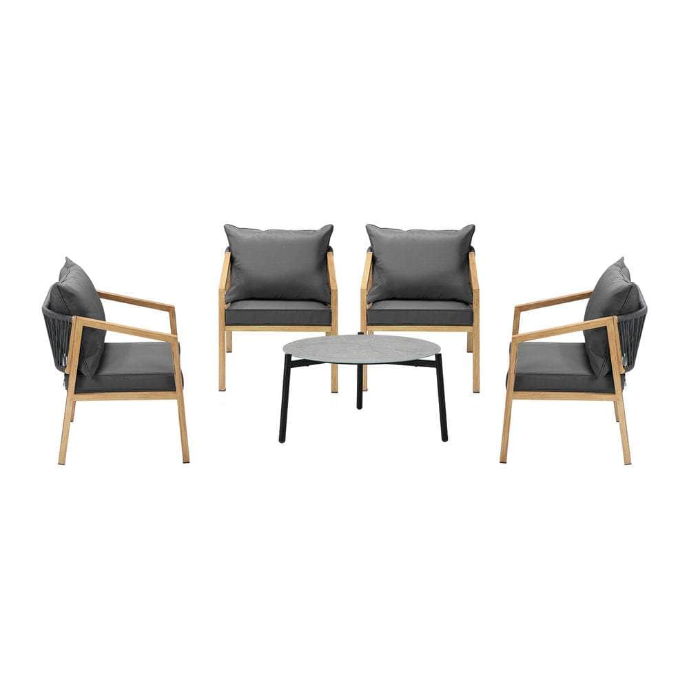 5PCS Outdoor Patio Set 70cm Coffee Table Grey and Natural Chairs