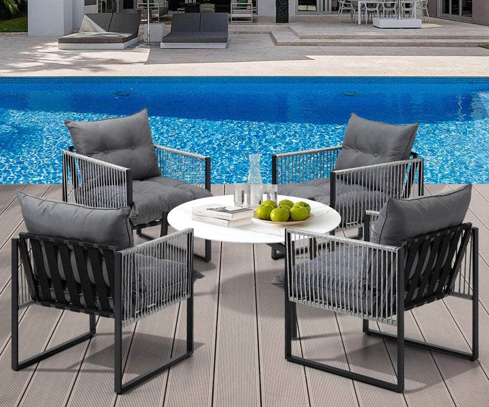 5PCS Outdoor Patio Set Grey & White 70cm Table Cushioned Armchairs
