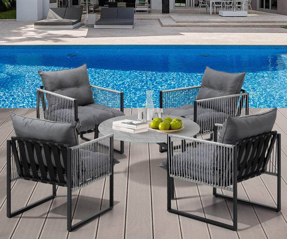 5PCS Outdoor Patio Set Grey & White 70cm Table Cushioned Armchairs