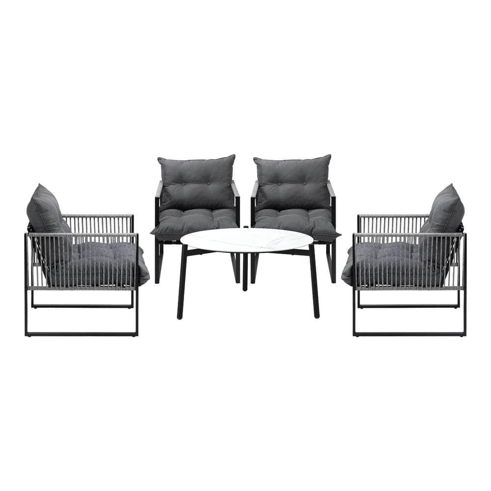 5PCS Outdoor Patio Set Grey & White 70cm Table Cushioned Armchairs