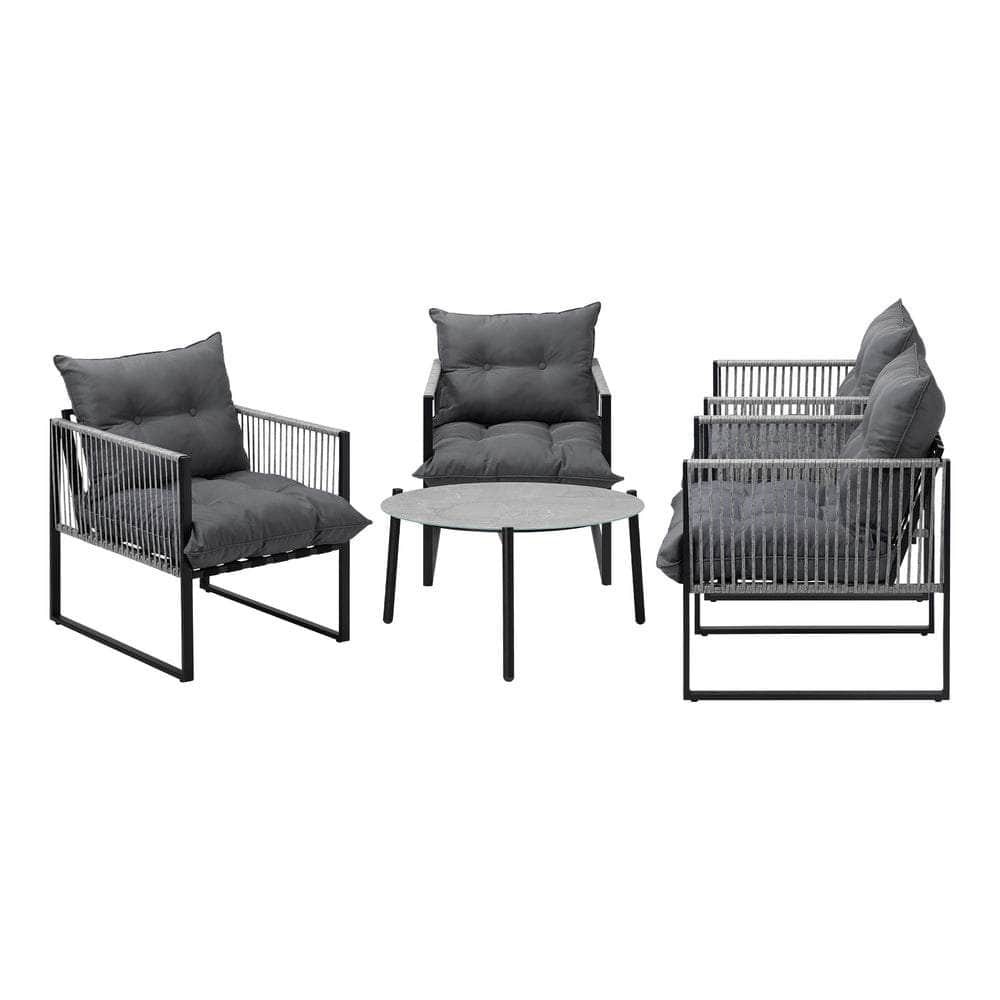 5PCS Outdoor Patio Set Grey & White 70cm Table Cushioned Armchairs