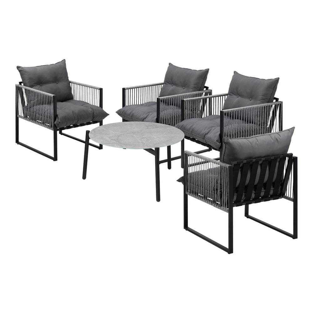 5PCS Outdoor Patio Set Grey & White 70cm Table Cushioned Armchairs