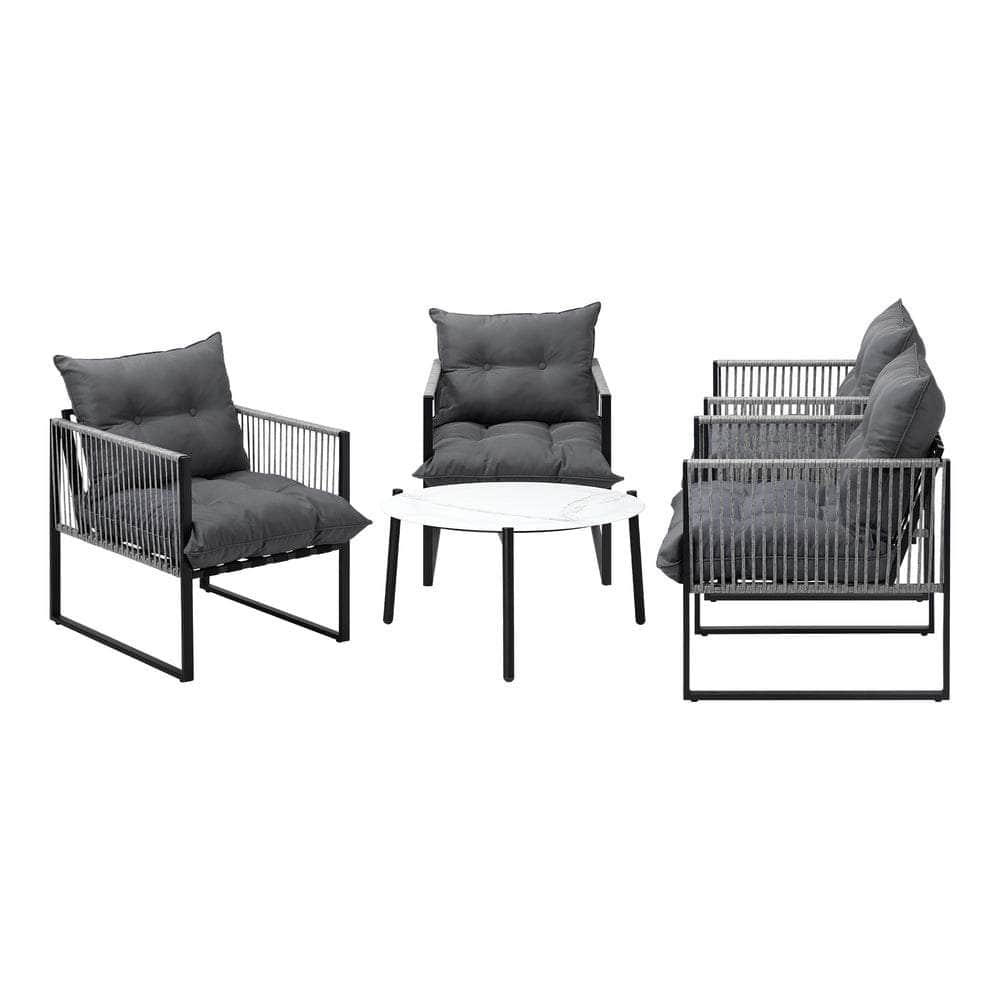 5PCS Outdoor Patio Set Grey & White 70cm Table Cushioned Armchairs