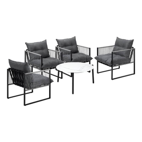 5PCS Outdoor Patio Set Grey & White 70cm Table Cushioned Armchairs