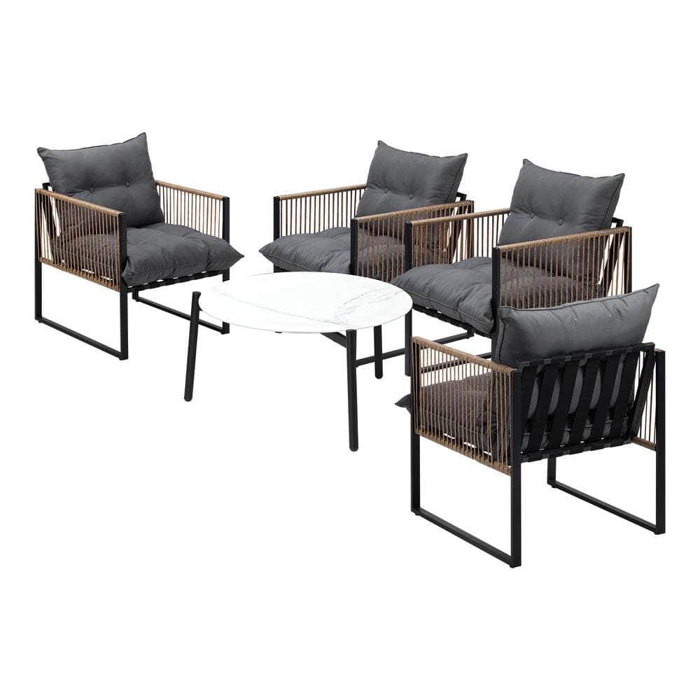 5PCS Outdoor Patio Set with White & Grey Rattan Chairs & 70cm Coffee Table Garden