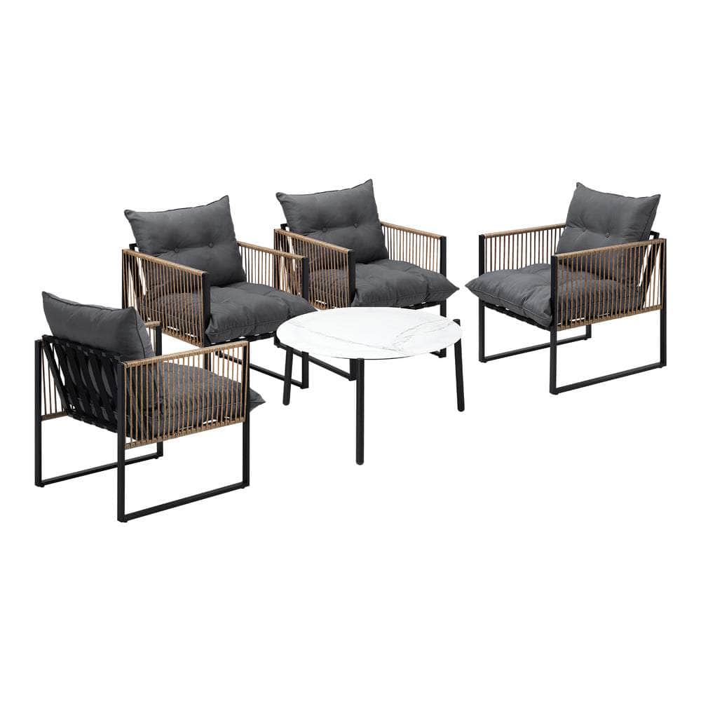 5PCS Outdoor Patio Set with White & Grey Rattan Chairs & 70cm Coffee Table Garden