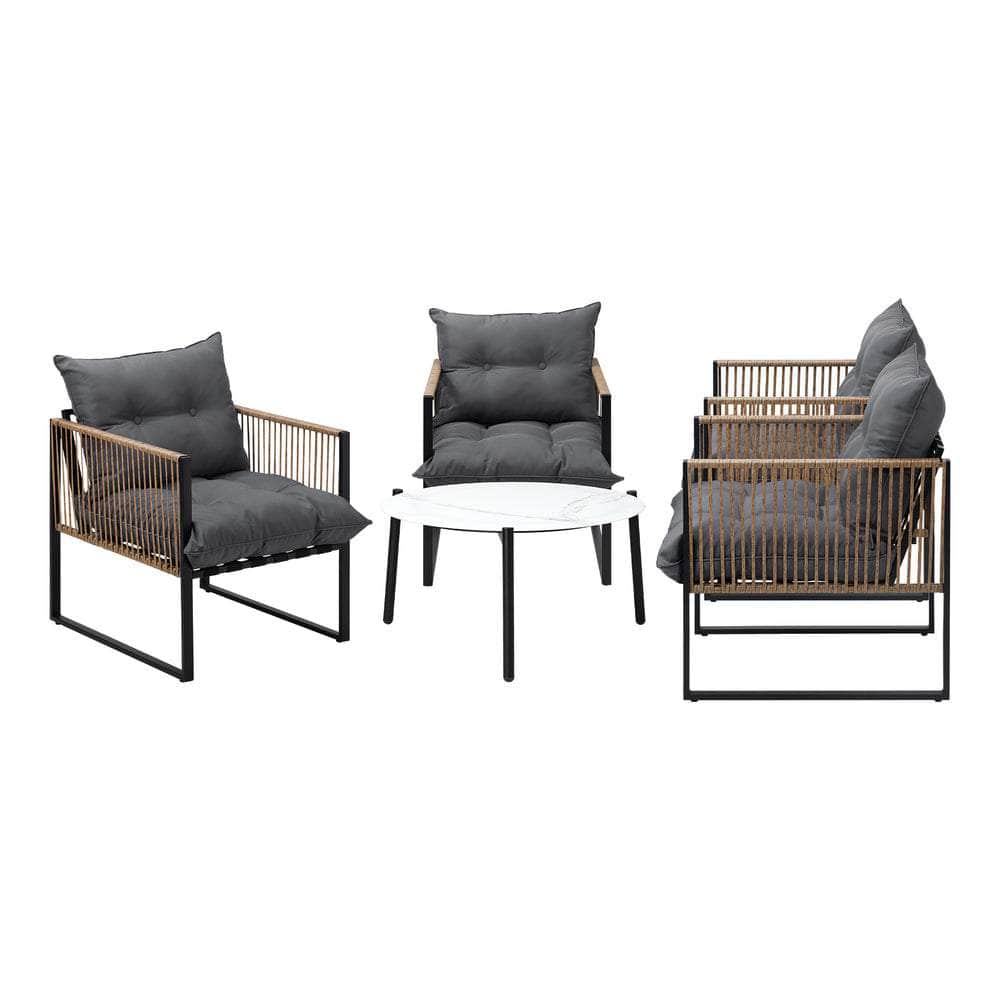 5PCS Outdoor Patio Set with White & Grey Rattan Chairs & 70cm Coffee Table Garden